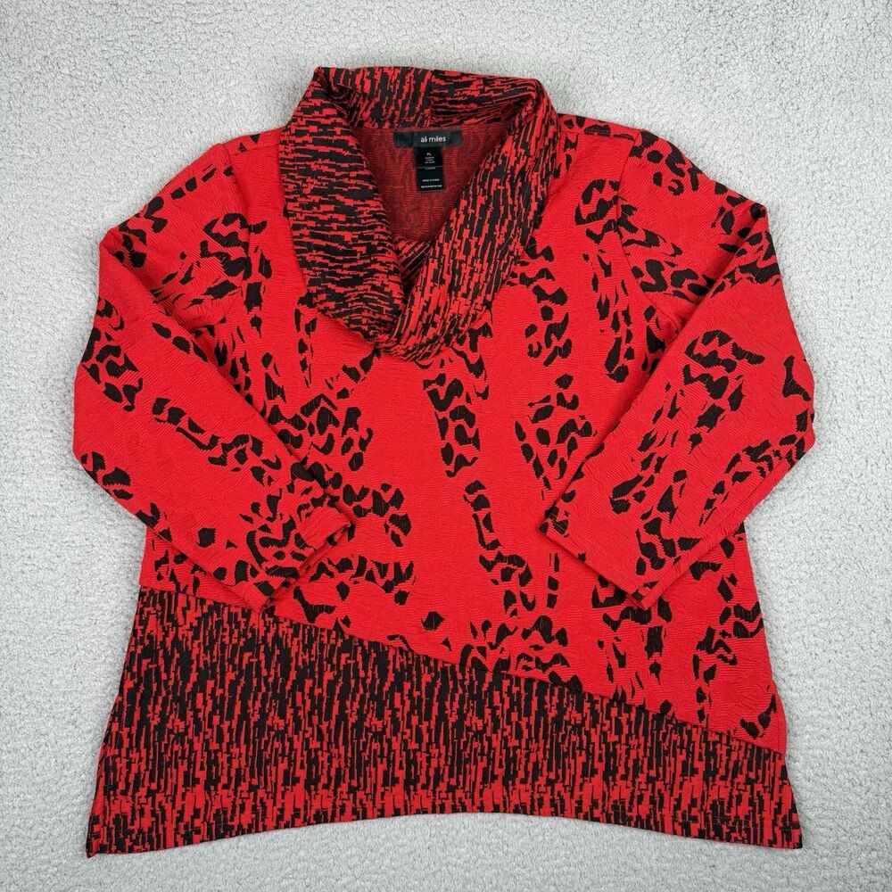 Ali Miles Top Womens PL Petite Large Red Cowl Neck Jacquard Tunic Stretch Casual